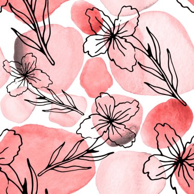 Çizgili sanat çiçekleri ve suluboya lekeleri olan yaratıcı kusursuz desen. Moda soyut modern vintage baskı.