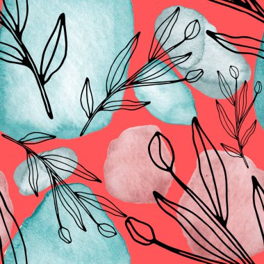 Çizgili sanat çiçekleri ve suluboya lekeleri olan yaratıcı kusursuz desen. Moda soyut modern vintage baskı.