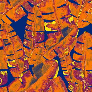 Renkli ve soyut tropikal yapraklı suluboya desenli. Egzotik bitkilerle dolu parlak yaz baskısı. Yaratıcı trend botanik tekstil tasarımı.