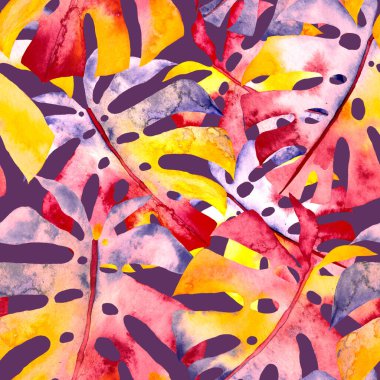 Renkli ve soyut tropikal yapraklı suluboya desenli. Egzotik bitkilerle dolu parlak yaz baskısı. Yaratıcı trend botanik tekstil tasarımı.