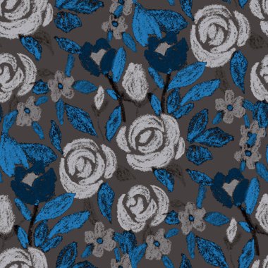 Balmumu pastel boyalarla çizilmiş soyut çiçekleri olan yaratıcı, pürüzsüz desen. Parlak renkli çiçek deseni.