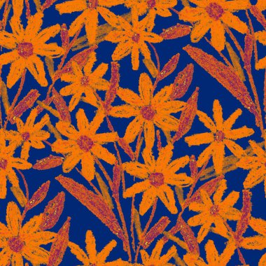 Balmumu pastel boyalarla çizilmiş soyut çiçekleri olan yaratıcı, pürüzsüz desen. Parlak renkli çiçek deseni.