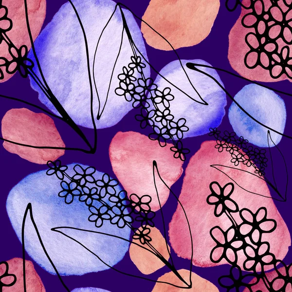 Kreativní Bezešvé Vzor Linií Uměleckých Květin Listí Akvarel Skvrny Moderní — Stock fotografie