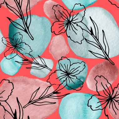 Çizgili sanat çiçekleri ve suluboya lekeleri olan yaratıcı kusursuz desen. Moda soyut modern vintage baskı.