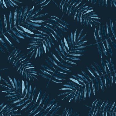 Renkli ve soyut tropikal yapraklı suluboya desenli. Egzotik bitkilerle dolu parlak yaz baskısı. Yaratıcı trend botanik tekstil tasarımı.