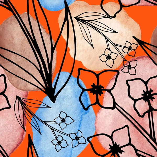 Creative seamless pattern with line art flowers and leaves on watercolor stains. Trendy abstract modern vintage print.