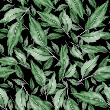 Vintage yapraklı suluboya desenli. Dekoratif tasarım için renkli yaprakları olan güzel bir botanik baskısı. Parlak bahar ya da yaz arkaplanı. Klasik düğün dekoru. Tekstil tasarımı.