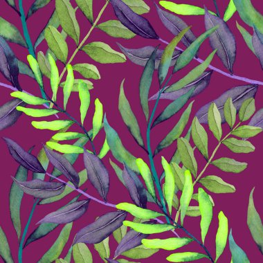 Vintage yapraklı suluboya desenli. Dekoratif tasarım için renkli yaprakları olan güzel bir botanik baskısı. Parlak bahar ya da yaz arkaplanı. Klasik düğün dekoru. Tekstil tasarımı.