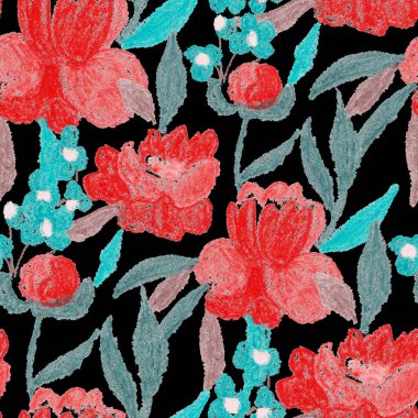 Balmumu pastel boyalarla çizilmiş soyut çiçekleri olan yaratıcı, pürüzsüz desen. Parlak renkli çiçek deseni.