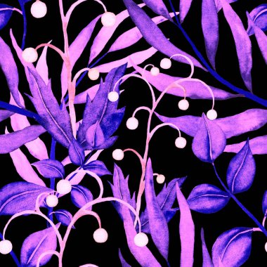 Vintage yapraklı suluboya desenli. Dekoratif tasarım için renkli yaprakları olan güzel bir botanik baskısı. Parlak bahar ya da yaz arkaplanı. Klasik düğün dekoru. Tekstil tasarımı.