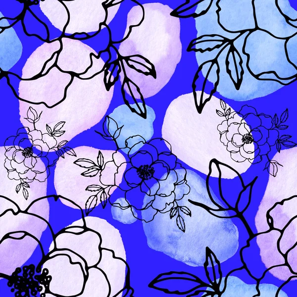 Creatief Naadloos Patroon Met Lijnkunstbloemen Bladeren Aquarelvlekken Trendy Abstracte Moderne — Stockfoto