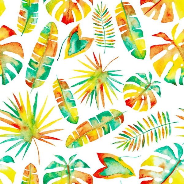 Watercolor Seamless Pattern Colorful Abstract Tropical Leaves Bright Summer Print — Stock Photo, Image