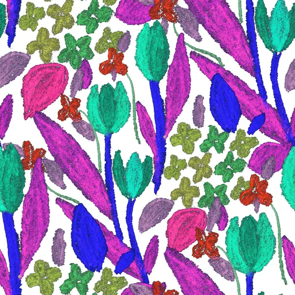Δημιουργικό Μοτίβο Χωρίς Ραφή Αφηρημένα Λουλούδια Ζωγραφισμένα Κηρομπογιές Λαμπερό Πολύχρωμο — Φωτογραφία Αρχείου