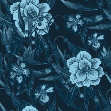 Çiçeklerle suluboya kusursuz desen. Klasik çiçek desenleri. Çiçeksiz desen. Botanik sanatı. Çiçek botanik koleksiyonu. Çiçek seti. Suluboya botanik tasarımı.