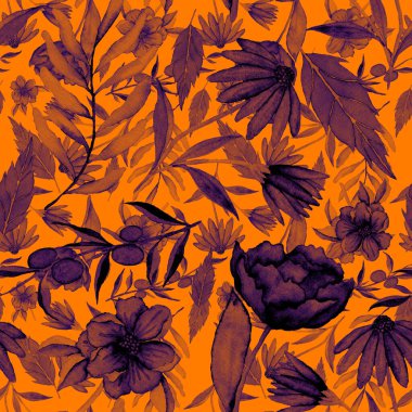 Çiçeklerle suluboya kusursuz desen. Klasik çiçek desenleri. Çiçeksiz desen. Botanik sanatı. Çiçek botanik koleksiyonu. Çiçek seti. Suluboya botanik tasarımı.