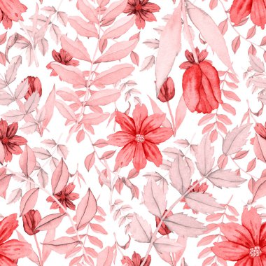 Çiçeklerle suluboya kusursuz desen. Klasik çiçek desenleri. Çiçeksiz desen. Botanik sanatı. Çiçek botanik koleksiyonu. Çiçek seti. Suluboya botanik tasarımı.