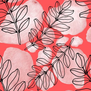 Çizgili sanat çiçekleri ve suluboya lekeleri olan yaratıcı kusursuz desen. Moda soyut modern vintage baskı.