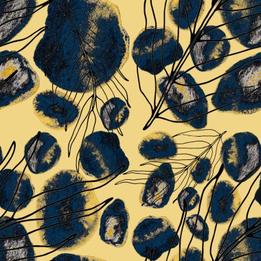 Çizgili sanat çiçekleri ve suluboya lekeleri olan yaratıcı kusursuz desen. Moda soyut modern vintage baskı.