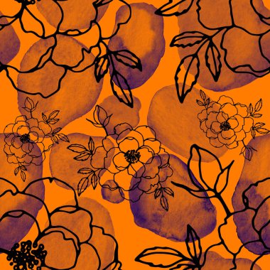 Çizgili sanat çiçekleri ve suluboya lekeleri olan yaratıcı kusursuz desen. Moda soyut modern vintage baskı.