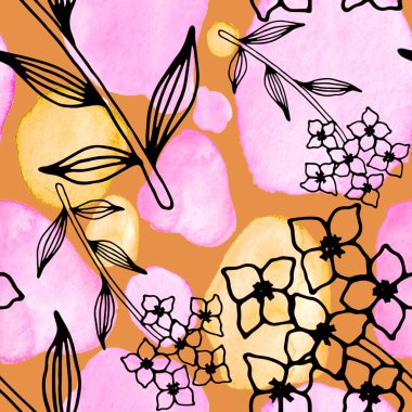 Çizgili sanat çiçekleri ve suluboya lekeleri olan yaratıcı kusursuz desen. Moda soyut modern vintage baskı.