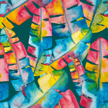 Renkli ve soyut tropikal yapraklı suluboya desenli. Egzotik bitkilerle dolu parlak yaz baskısı. Yaratıcı trend botanik tekstil tasarımı.