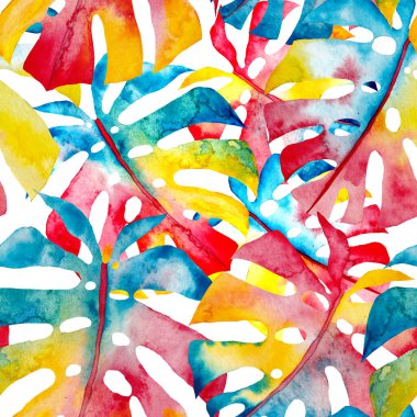 Renkli ve soyut tropikal yapraklı suluboya desenli. Egzotik bitkilerle dolu parlak yaz baskısı. Yaratıcı trend botanik tekstil tasarımı.