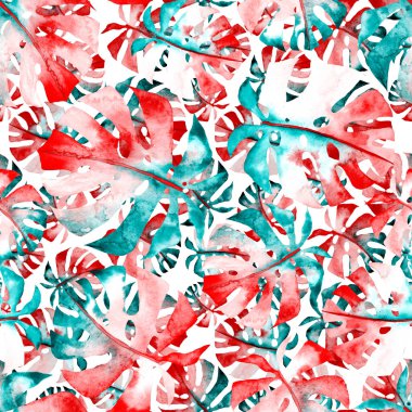 Renkli ve soyut tropikal yapraklı suluboya desenli. Egzotik bitkilerle dolu parlak yaz baskısı. Yaratıcı trend botanik tekstil tasarımı.