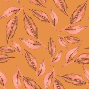 Vintage yapraklı suluboya desenli. Dekoratif tasarım için renkli yaprakları olan güzel bir botanik baskısı. Parlak bahar ya da yaz arkaplanı. Klasik düğün dekoru. Tekstil tasarımı.