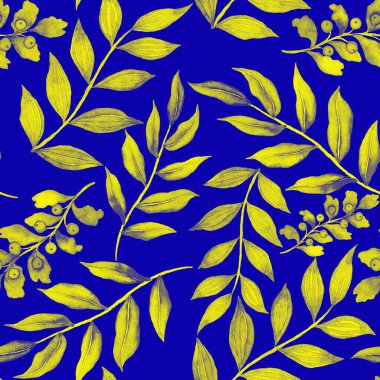 Vintage yapraklı suluboya desenli. Dekoratif tasarım için renkli yaprakları olan güzel bir botanik baskısı. Parlak bahar ya da yaz arkaplanı. Klasik düğün dekoru. Tekstil tasarımı.