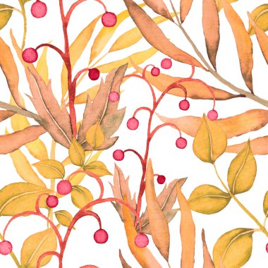 Vintage yapraklı suluboya desenli. Dekoratif tasarım için renkli yaprakları olan güzel bir botanik baskısı. Parlak bahar ya da yaz arkaplanı. Klasik düğün dekoru. Tekstil tasarımı.