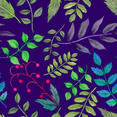 Vintage yapraklı suluboya desenli. Dekoratif tasarım için renkli yaprakları olan güzel bir botanik baskısı. Parlak bahar ya da yaz arkaplanı. Klasik düğün dekoru. Tekstil tasarımı.