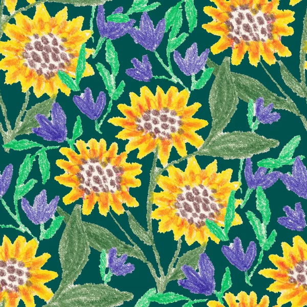 Balmumu Pastel Boyalarla Çizilmiş Soyut Çiçekleri Olan Yaratıcı Pürüzsüz Desen — Stok fotoğraf