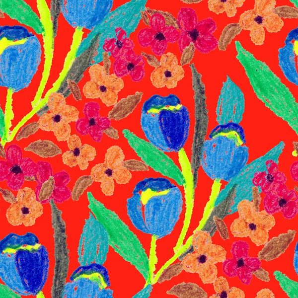 Creatief Naadloos Patroon Met Abstracte Bloemen Getekend Met Waskrijtjes Heldere — Stockfoto