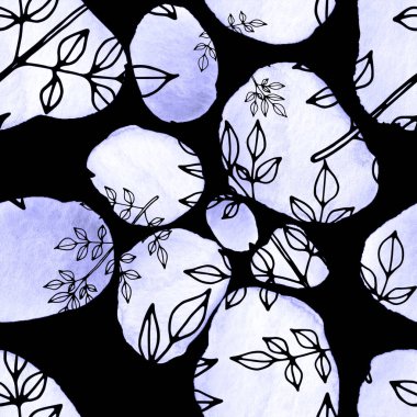 Çizgili sanat çiçekleri ve suluboya lekeleri olan yaratıcı kusursuz desen. Moda soyut modern vintage baskı.