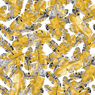 Renkli ve soyut tropikal yapraklı suluboya desenli. Egzotik bitkilerle dolu parlak yaz baskısı. Yaratıcı trend botanik tekstil tasarımı.