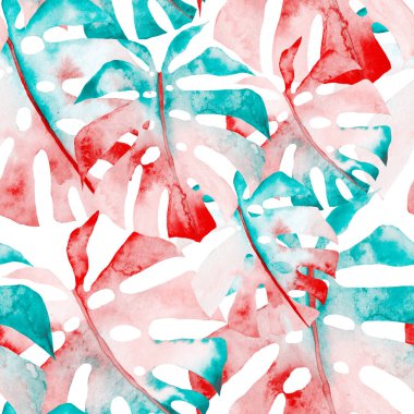 Renkli ve soyut tropikal yapraklı suluboya desenli. Egzotik bitkilerle dolu parlak yaz baskısı. Yaratıcı trend botanik tekstil tasarımı.