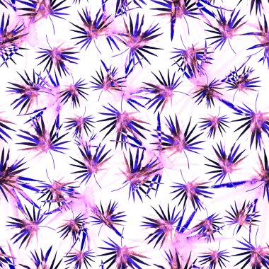 Renkli ve soyut tropikal yapraklı suluboya desenli. Egzotik bitkilerle dolu parlak yaz baskısı. Yaratıcı trend botanik tekstil tasarımı.