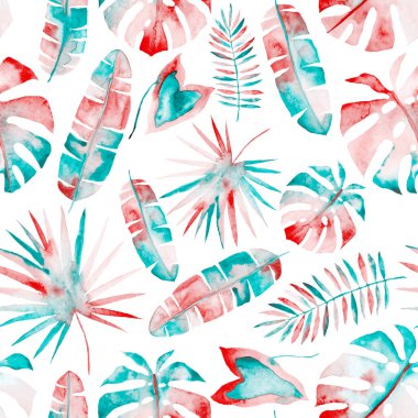 Renkli ve soyut tropikal yapraklı suluboya desenli. Egzotik bitkilerle dolu parlak yaz baskısı. Yaratıcı trend botanik tekstil tasarımı.