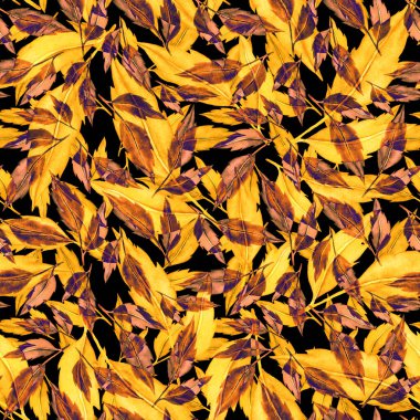 Vintage yapraklı suluboya desenli. Dekoratif tasarım için renkli yaprakları olan güzel bir botanik baskısı. Parlak bahar ya da yaz arkaplanı. Klasik düğün dekoru. Tekstil tasarımı.