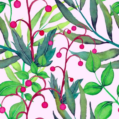 Vintage yapraklı suluboya desenli. Dekoratif tasarım için renkli yaprakları olan güzel bir botanik baskısı. Parlak bahar ya da yaz arkaplanı. Klasik düğün dekoru. Tekstil tasarımı.