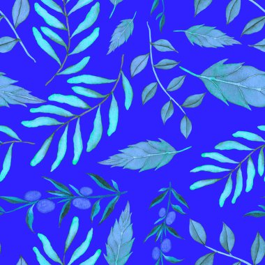 Vintage yapraklı suluboya desenli. Dekoratif tasarım için renkli yaprakları olan güzel bir botanik baskısı. Parlak bahar ya da yaz arkaplanı. Klasik düğün dekoru. Tekstil tasarımı.