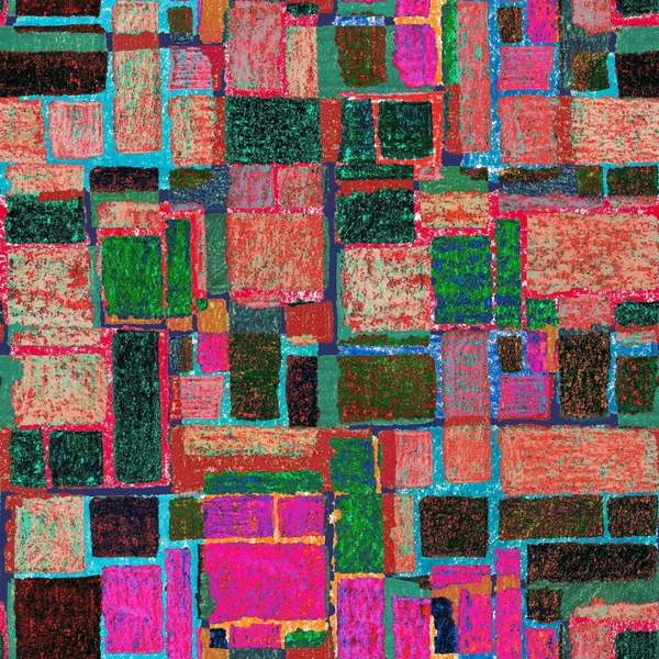 Renkli, soyut geometrik elementlerle yaratıcı, kusursuz desen. El yapımı doku. Grafik olarak soyut bir arkaplan. Çağdaş sanat. Moda modern tarzı.