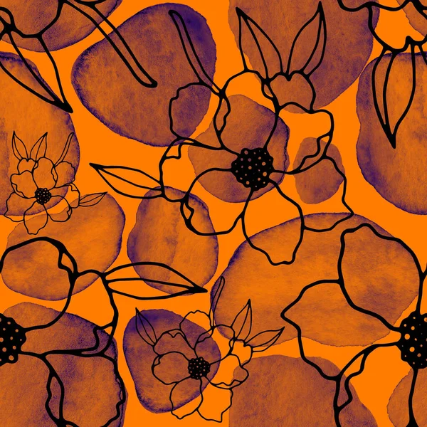 Patrón Creativo Sin Costuras Con Flores Arte Línea Hojas Manchas — Foto de Stock