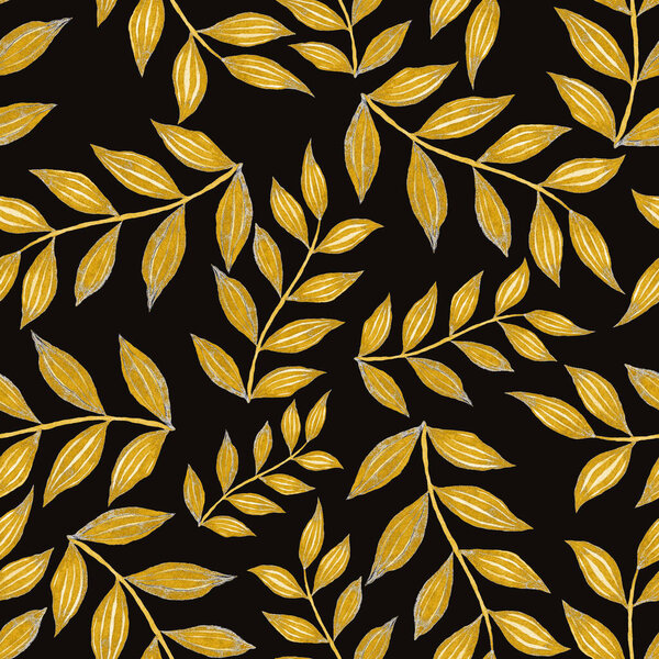 Акварель бесшовный узор с винтажными листьями. Ботанический принт с цветной листвой для декоративного оформления. Яркий весенний или летний фон. Винтажный свадебный декор. Текстиль.