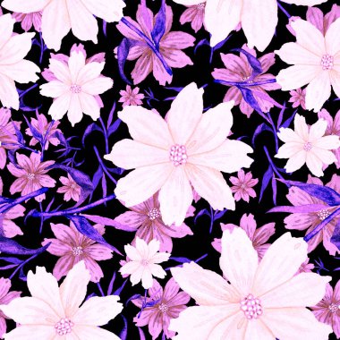 Çiçeklerle suluboya kusursuz desen. Klasik çiçek desenleri. Çiçeksiz desen. Botanik sanatı. Çiçek botanik koleksiyonu. Çiçek seti. Suluboya botanik tasarımı.