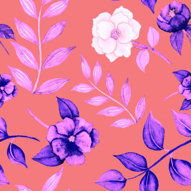 Çiçeklerle suluboya kusursuz desen. Klasik çiçek desenleri. Çiçeksiz desen. Botanik sanatı. Çiçek botanik koleksiyonu. Çiçek seti. Suluboya botanik tasarımı.