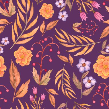 Çiçeklerle suluboya kusursuz desen. Klasik çiçek desenleri. Çiçeksiz desen. Botanik sanatı. Çiçek botanik koleksiyonu. Çiçek seti. Suluboya botanik tasarımı.