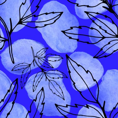 Çizgili sanat çiçekleri ve suluboya lekeleri olan yaratıcı kusursuz desen. Moda soyut modern vintage baskı.