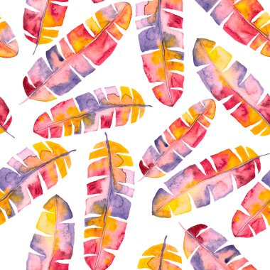 Renkli ve soyut tropikal yapraklı suluboya desenli. Egzotik bitkilerle dolu parlak yaz baskısı. Yaratıcı trend botanik tekstil tasarımı.