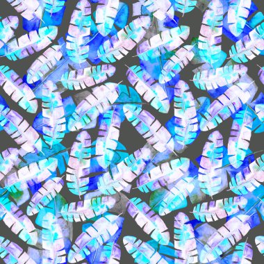 Renkli ve soyut tropikal yapraklı suluboya desenli. Egzotik bitkilerle dolu parlak yaz baskısı. Yaratıcı trend botanik tekstil tasarımı.